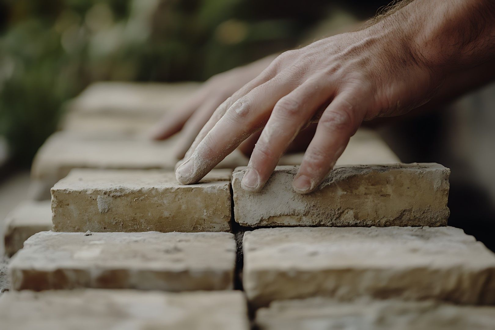 Hands of a person laying light-colored bricks, likely for construction, outdoors.