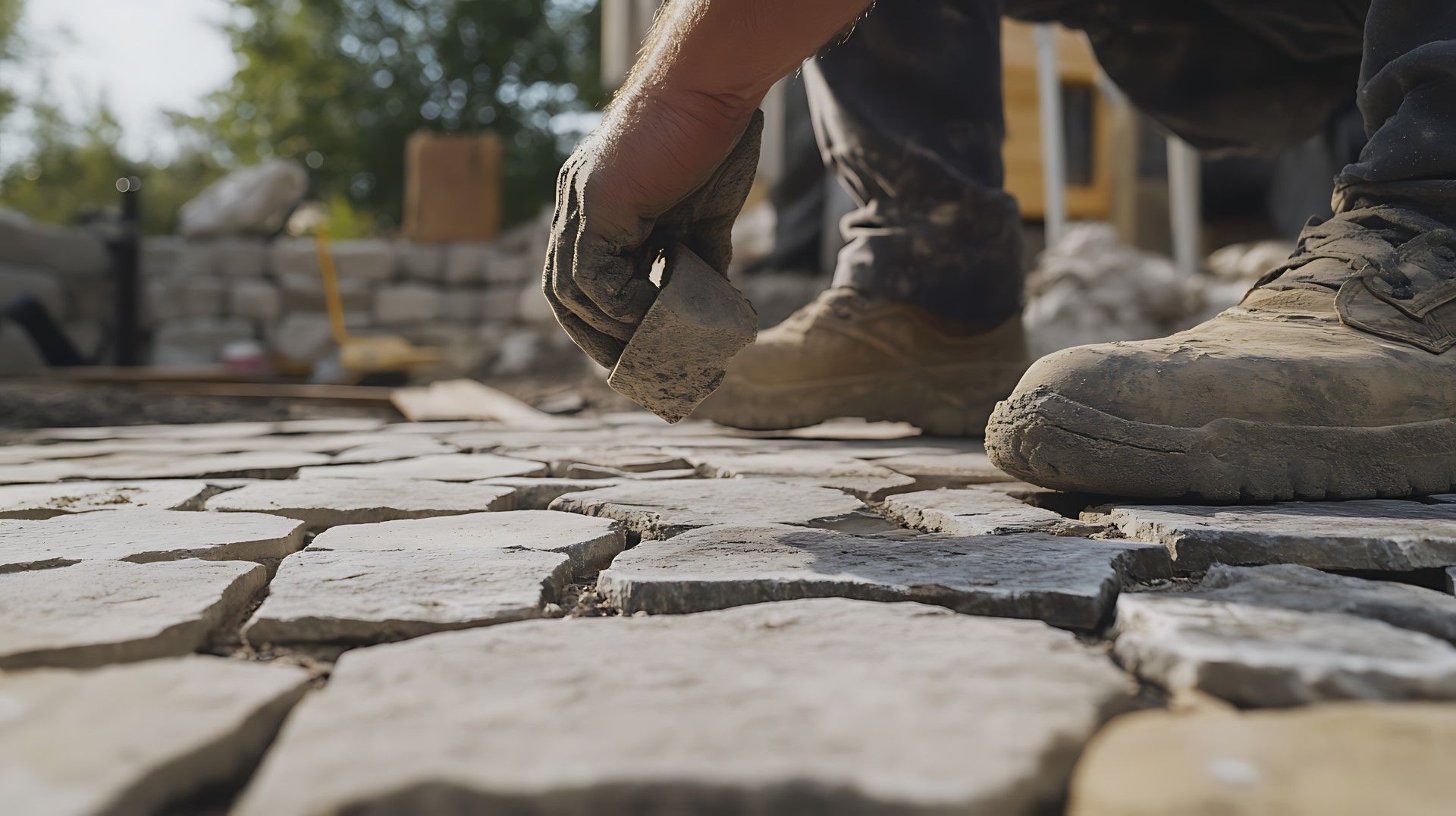 Person laying stone pavers outdoors, close-up of hands, dusty work boots.