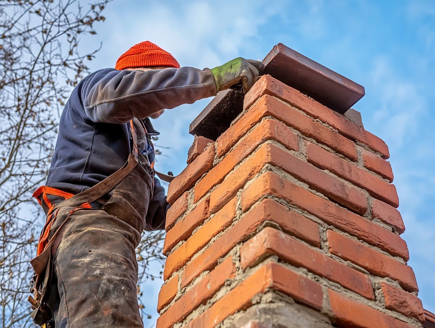 Chimney repairman on a brick chimney, wearing orange hat, blue jacket, against a blue sky.