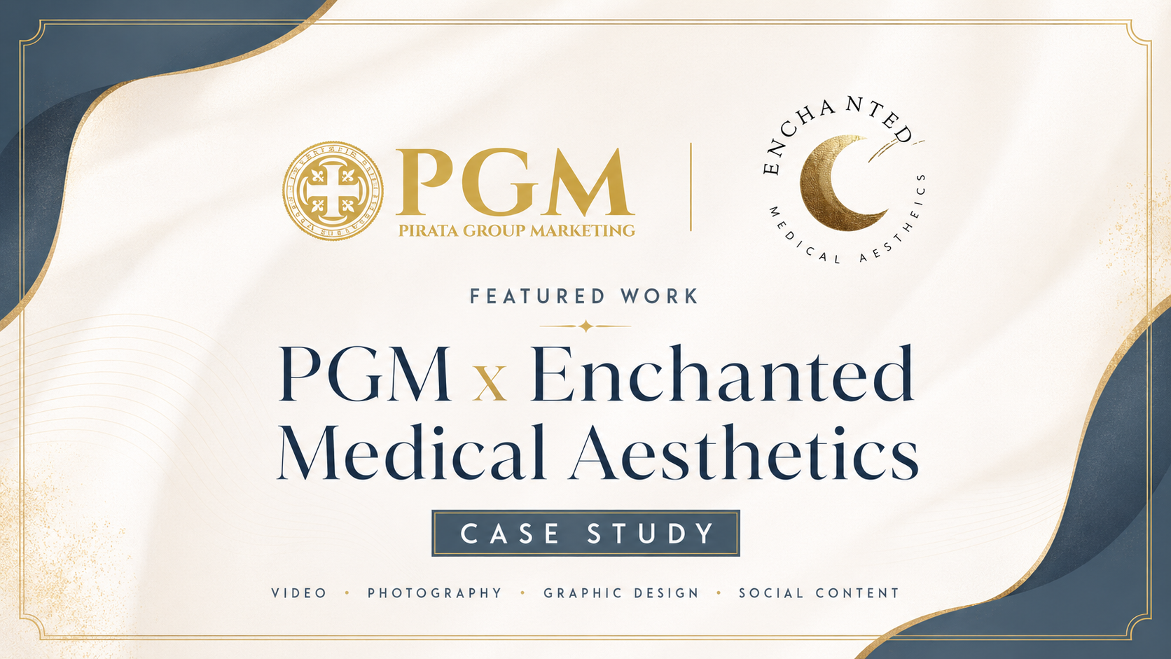 Gold-and-cream case study slide for PGM x Enchanted Medical Aesthetics with logos and elegant border