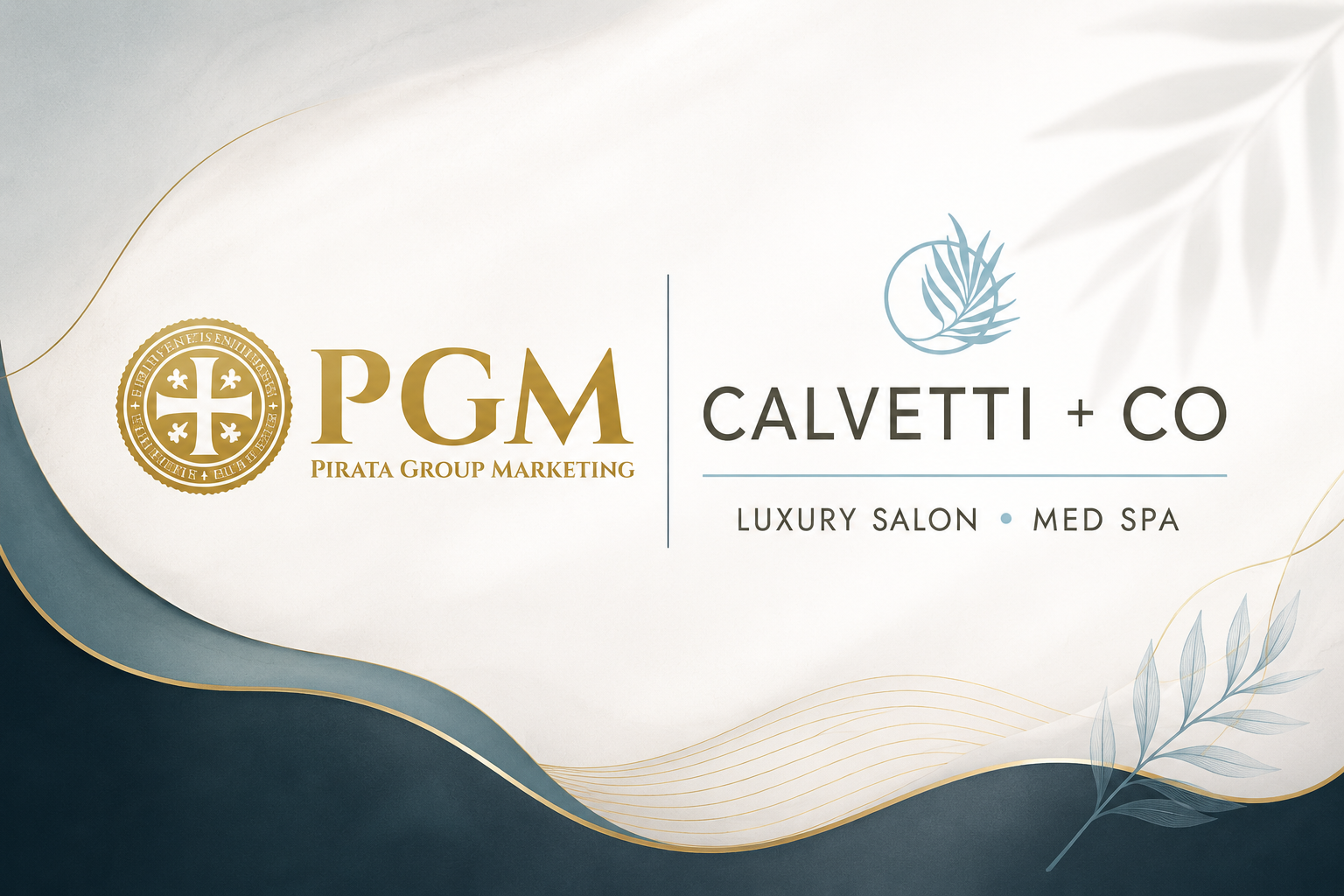 PGM and Calvetti + Co luxury salon and med spa logos on a white and gold abstract background