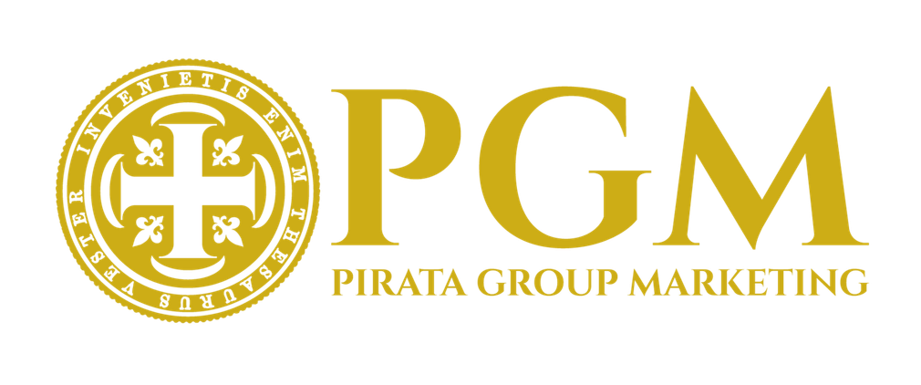 Gold PGM logo with circular pirate-style emblem and the words “Pirata Group Marketing”