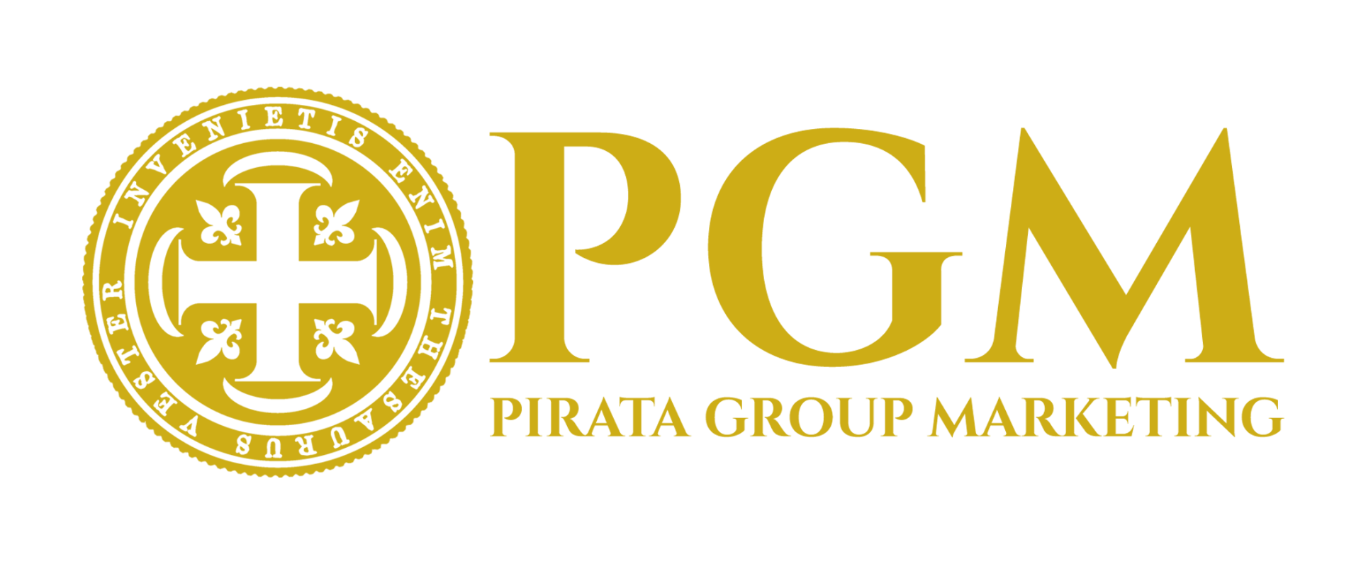 Gold PGM logo with circular emblem and the words “PIRATA GROUP MARKETING” on a white background