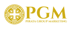 Gold PGM logo with circular emblem and the words “PIRATA GROUP MARKETING” on a white background
