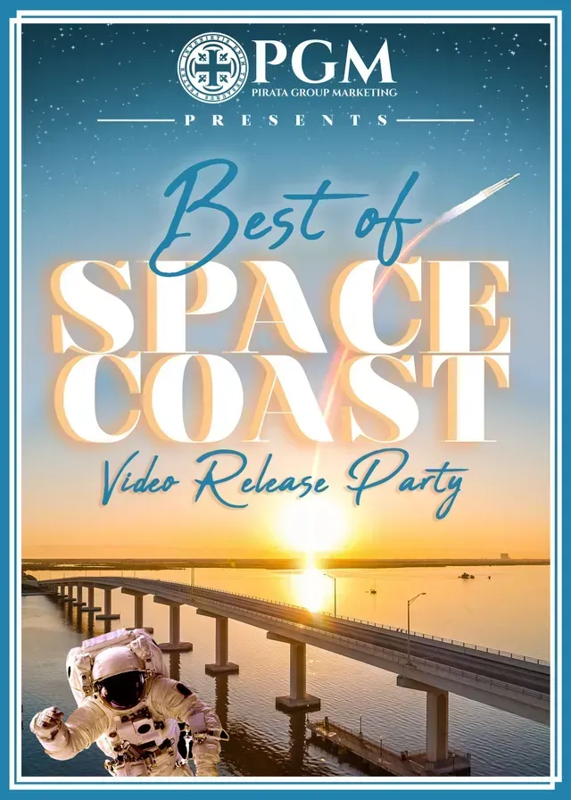 Space Coast video release party poster with sunset bridge, astronaut, and large event text.