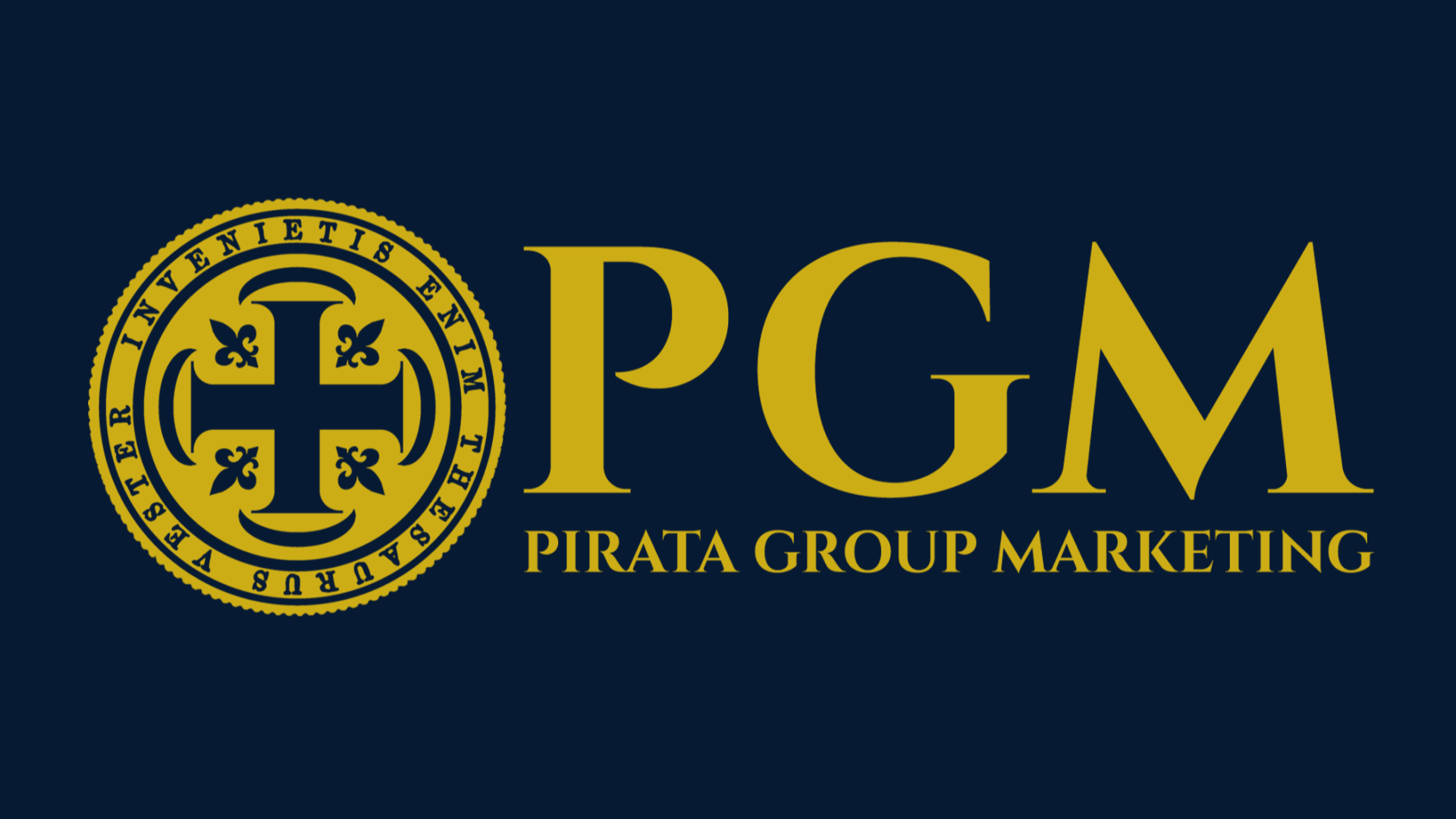Gold PGM logo with circular emblem and text “PIRATA GROP MARKETING” on a dark blue background