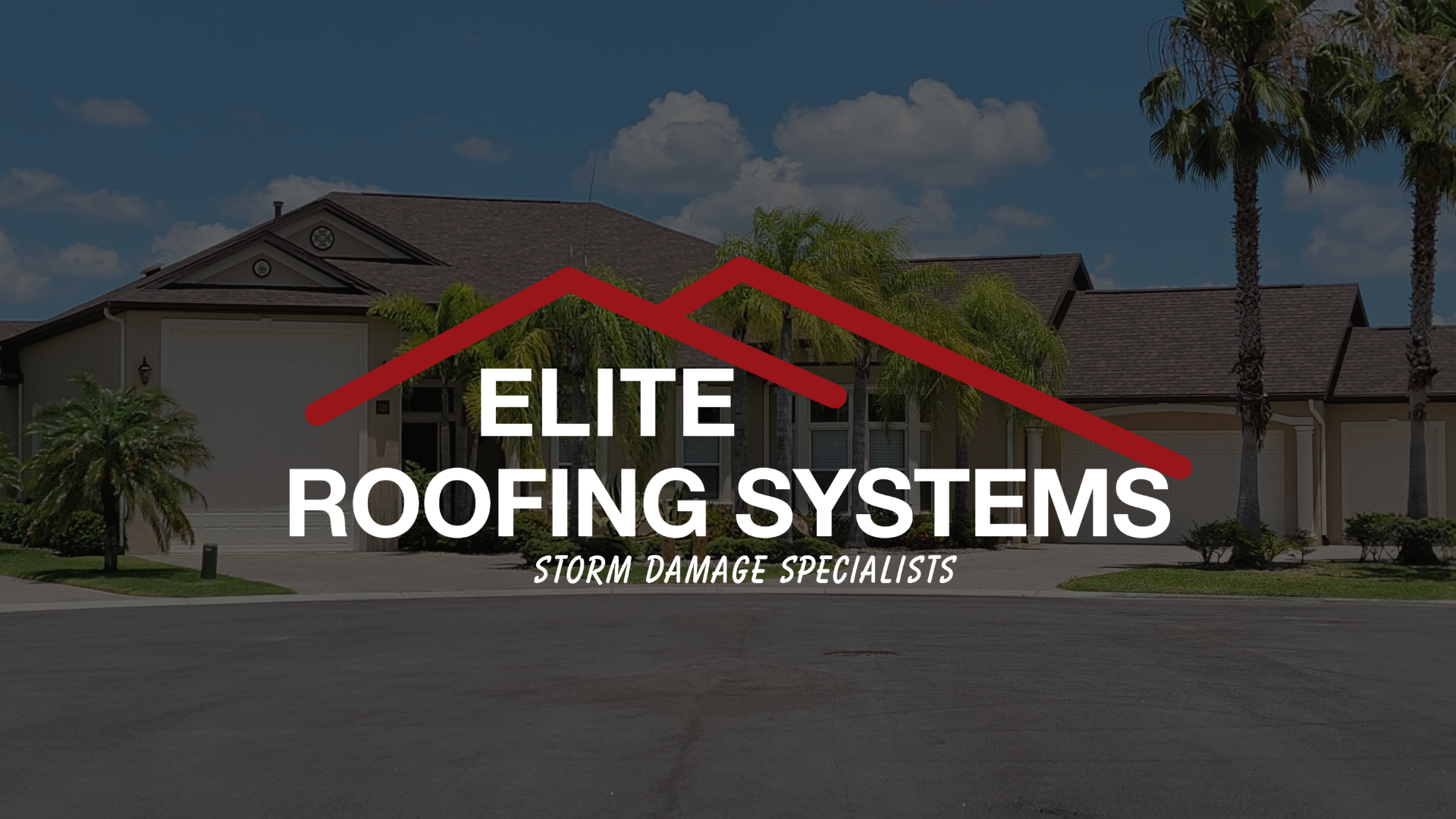 Elite Roofing Systems logo over a suburban house roof and palm trees under a blue sky