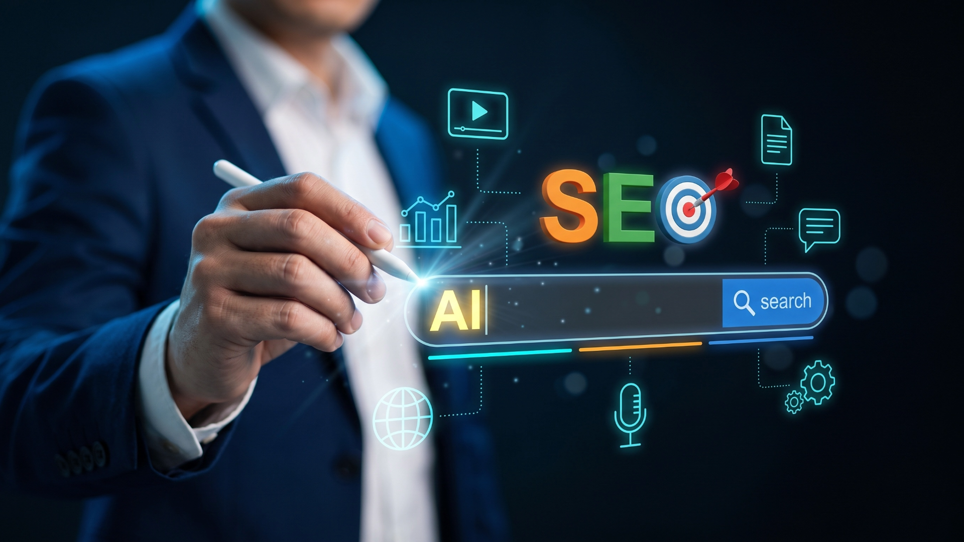 Businessman using a digital SEO search interface with AI icons on a dark background