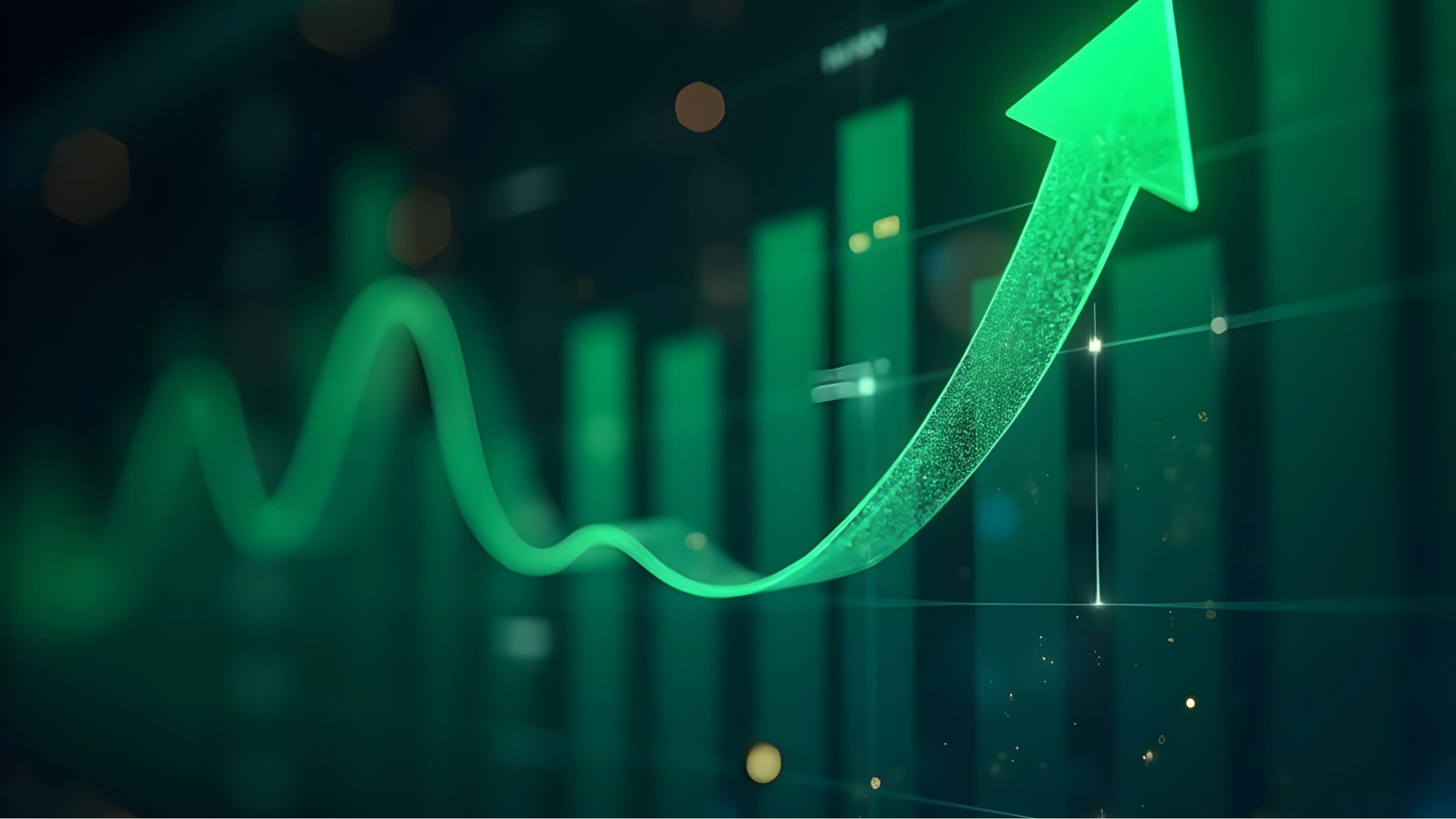 Glowing green stock chart with an upward arrow and rising bars on a dark background