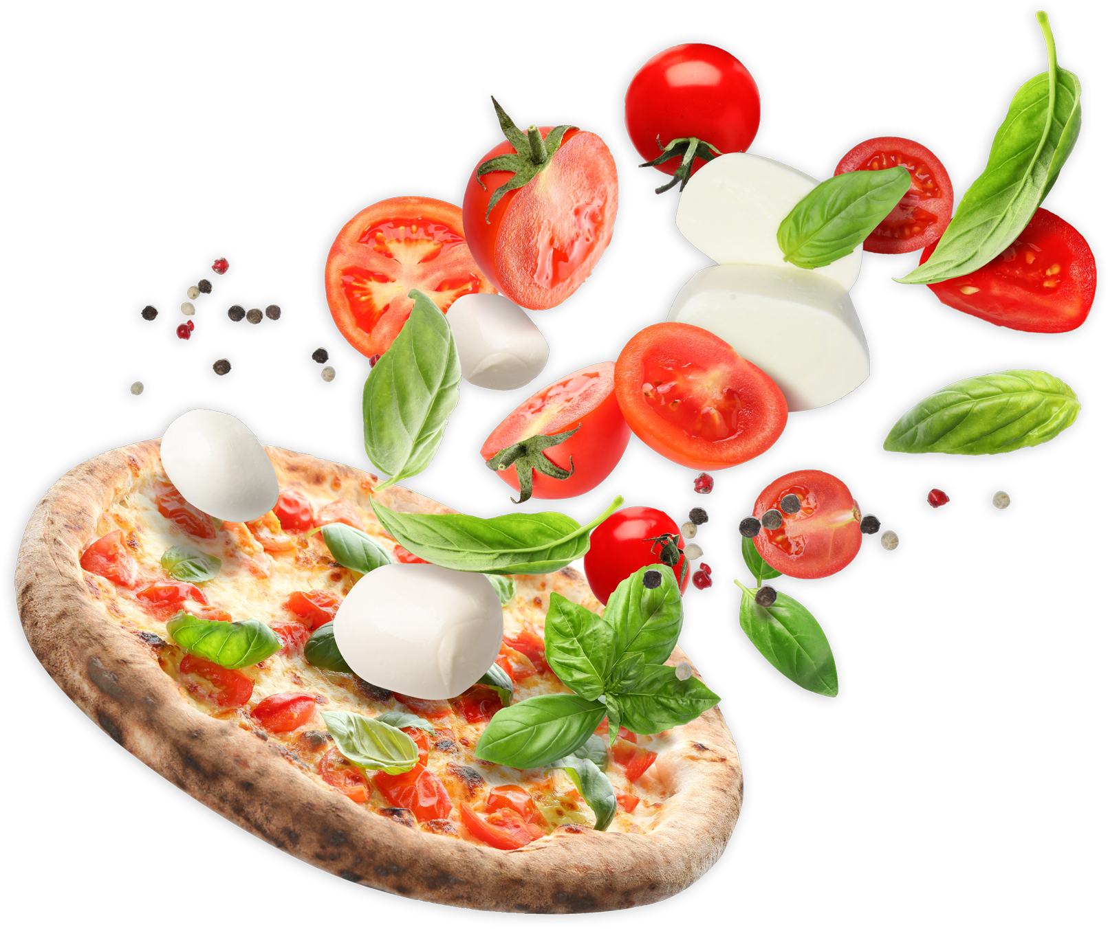Pizza With Tomatoes, Mozzarella, Basil and Peppers Pizza With Tomatoes, Mozzarella, Basil and Peppers
