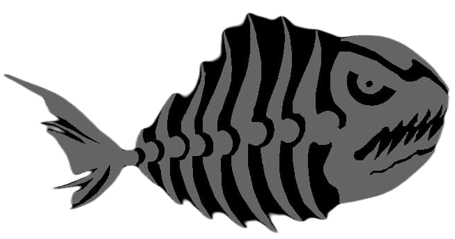 A black and white drawing of a fish skeleton on a white background. fish logo