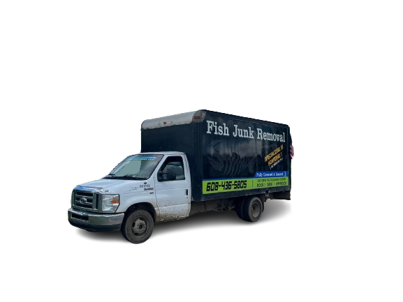 A white truck with a black tarp that says fish junk removal on it.