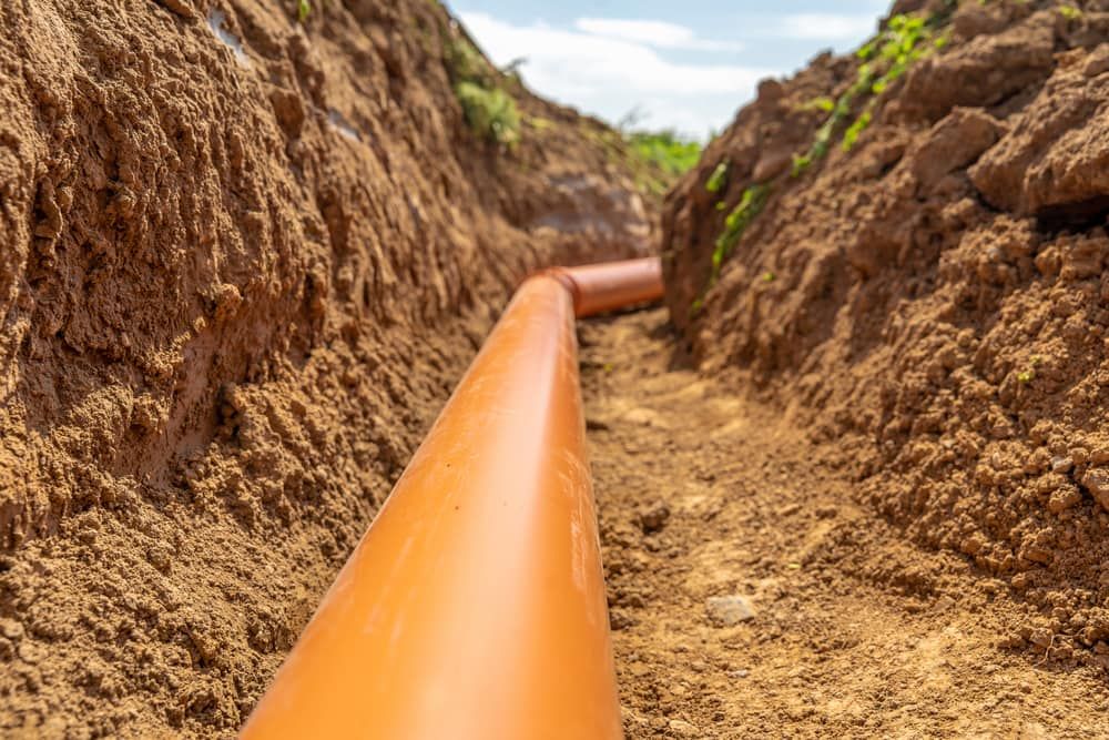 Orange Pipeline Running Through a Dirt Trench Between Rocky Walls — Mark's Plumbing in The Entrance, NSW
