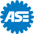 ASE logo in white on a blue gear-shaped background | Dub's Garage
