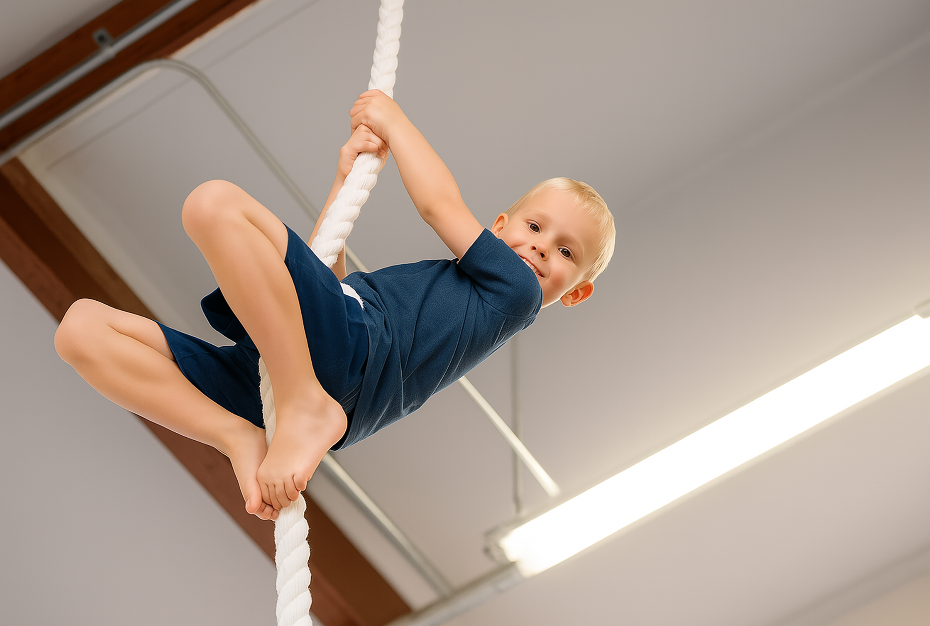 Boy climbing a white rope in a gym, smiling at the camera.
