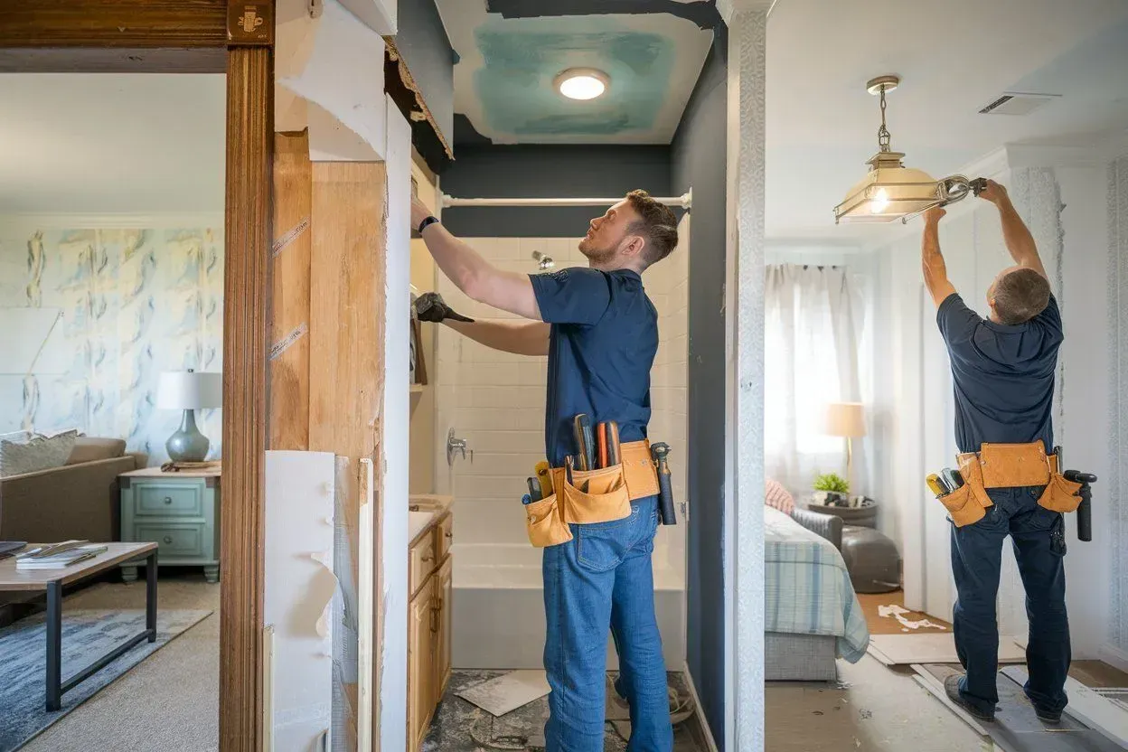 Worker installing ceiling light in a home renovation, wearing blue coveralls and tool belt.