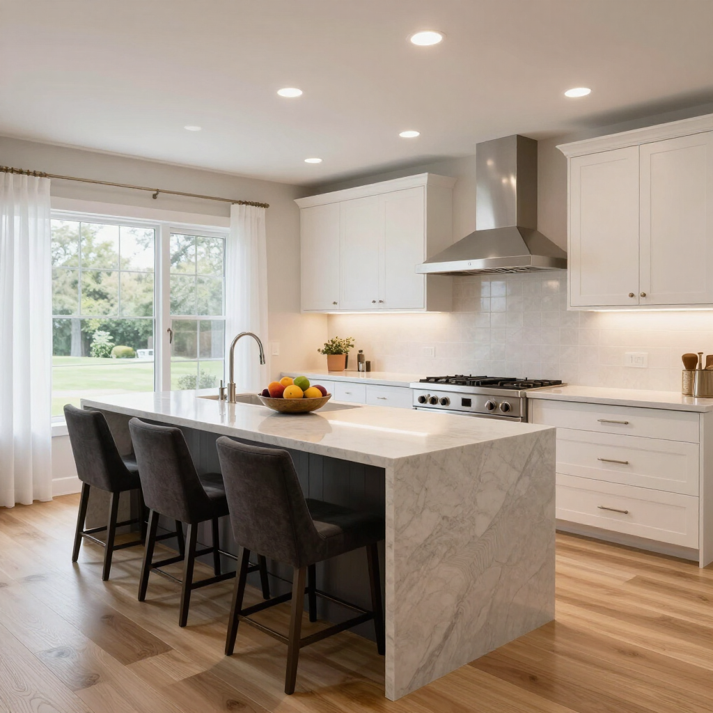 Modern white kitchen with marble island, four dark bar stools, stainless range hood, and large window.