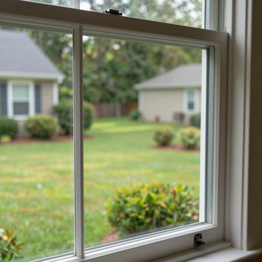 White window frame overlooking a green backyard with shrubs and neighboring houses.