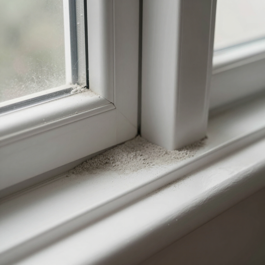 White window sill with dust and moisture near the corner of a window frame