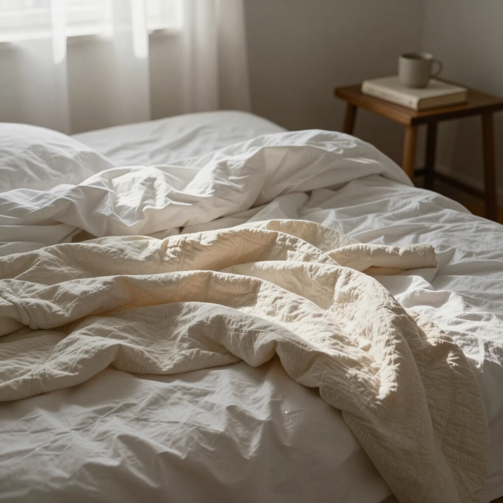 Unmade white bed with crumpled linens in a sunlit bedroom beside a wooden nightstand.