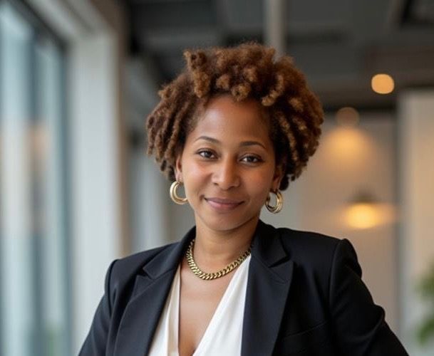Portrait of a smiling professional in a black blazer and white blouse in a modern office hallway