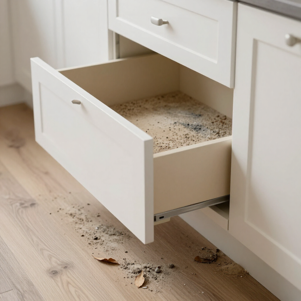 Open kitchen drawer with spilled crumbs and debris on the floor and inside the drawer