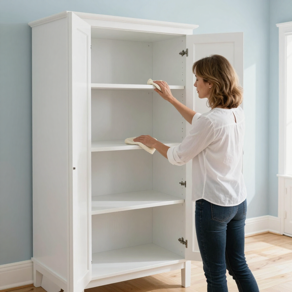 Woman arranging shelves inside a white cabinet in a bright room