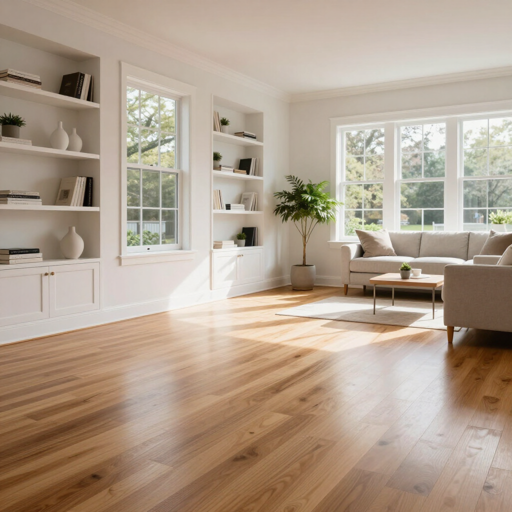 Bright sunlit living room with hardwood floors, white built-ins, large windows, and a beige sofa