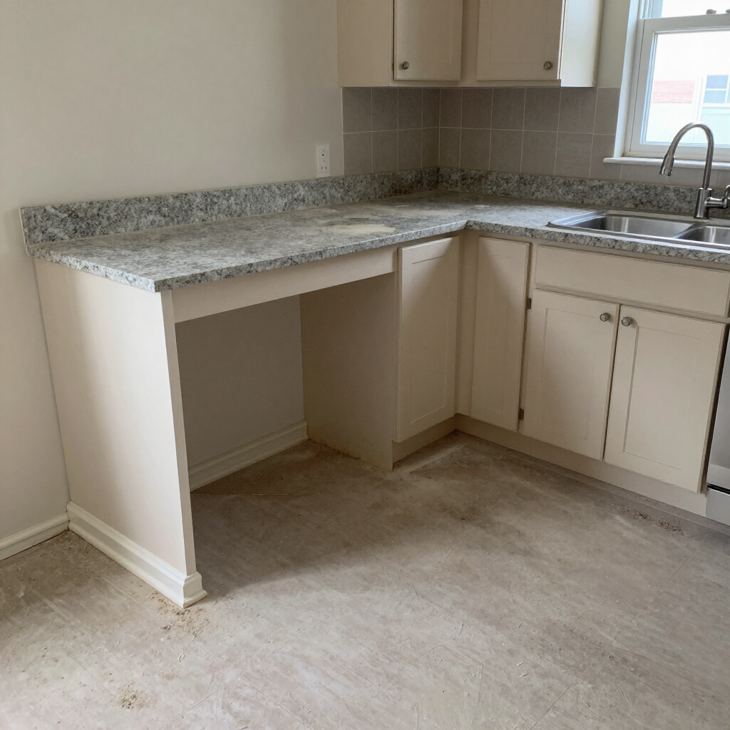 Empty kitchen corner with granite countertop, beige cabinets, sink, and light carpeted floor.