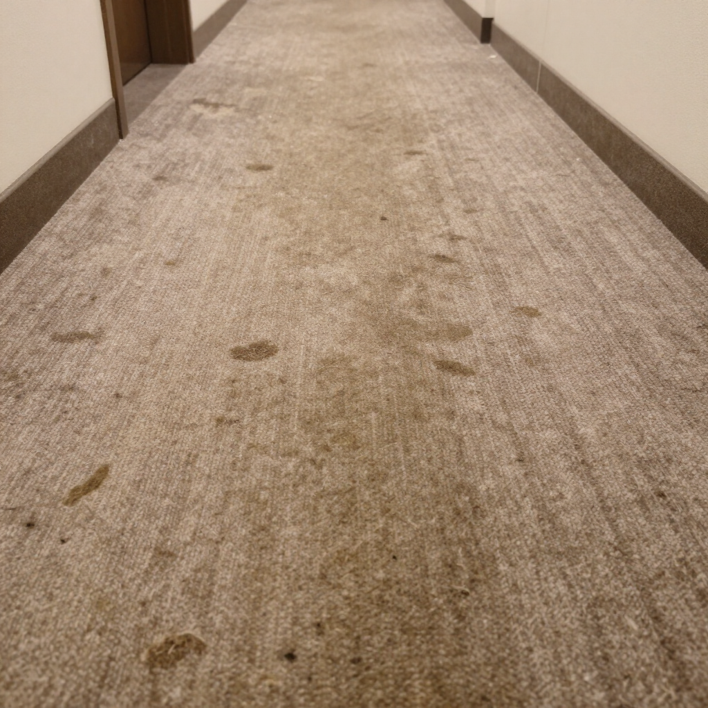 Dirty beige carpeted hallway with scattered stains and brown baseboards