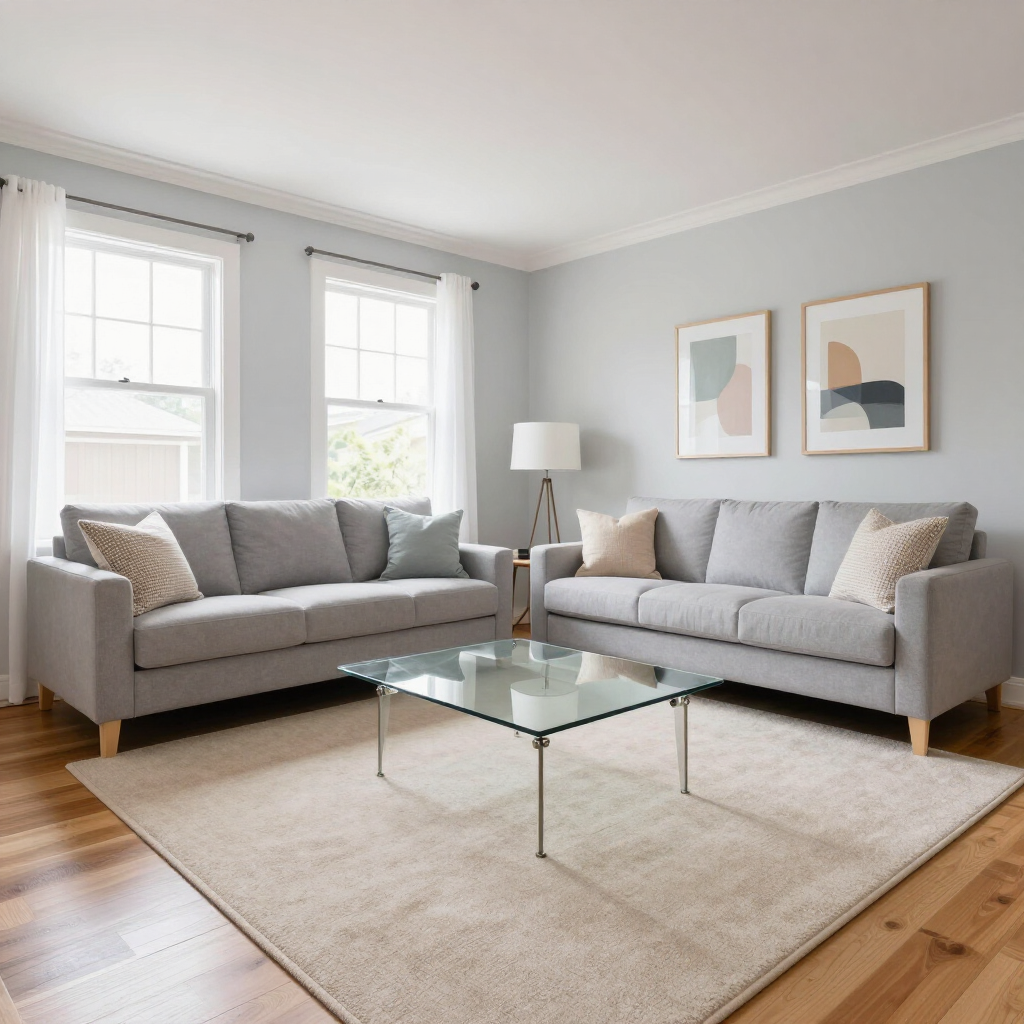 Bright living room with two gray sofas, glass coffee table, beige rug, and large windows.