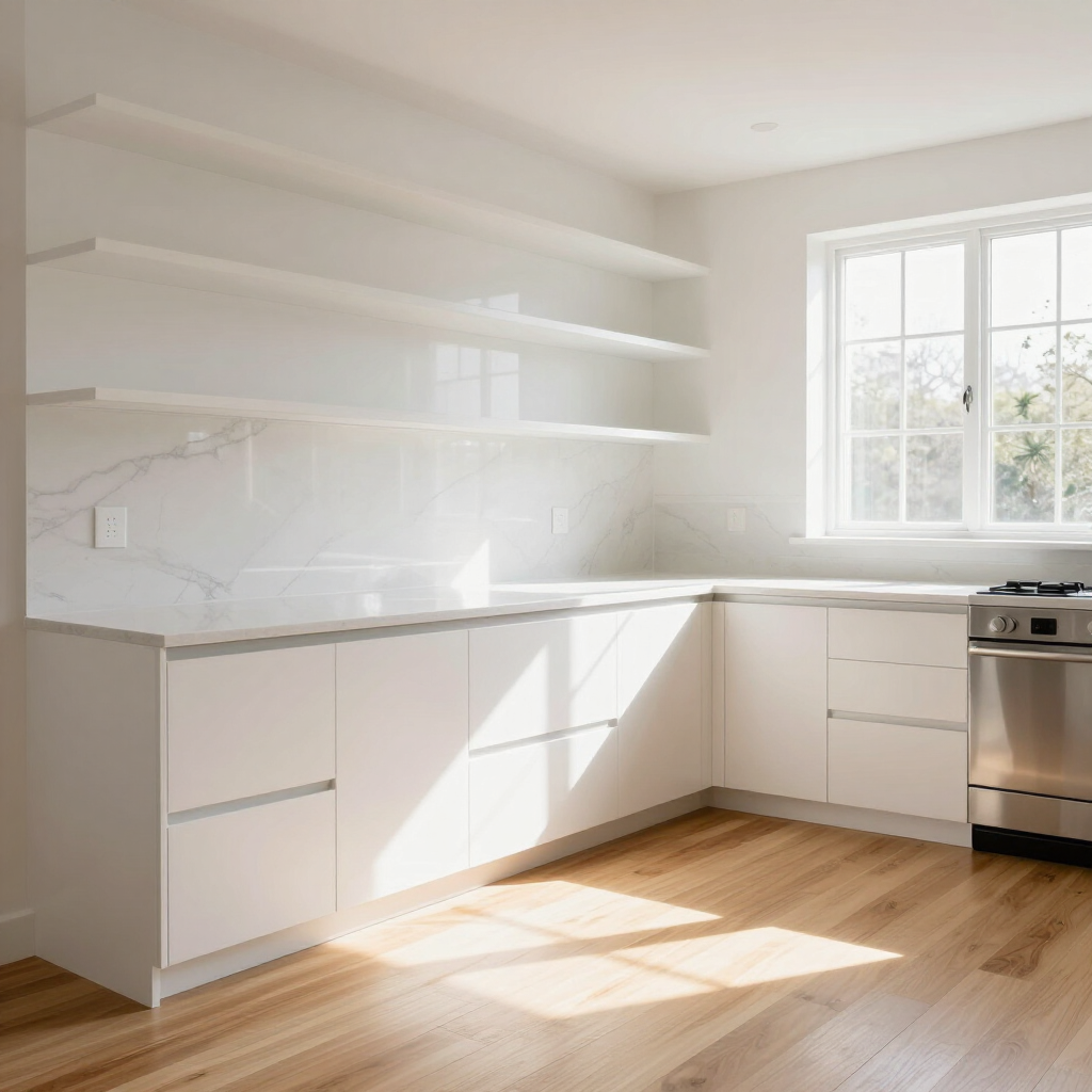 Bright white modern kitchen with open shelves, stainless stove, and sunlight on wood floors