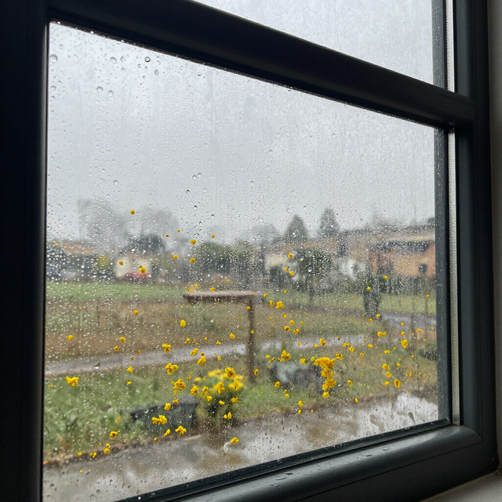 Rainy window view of a field with yellow flowers and distant houses under a gray sky
