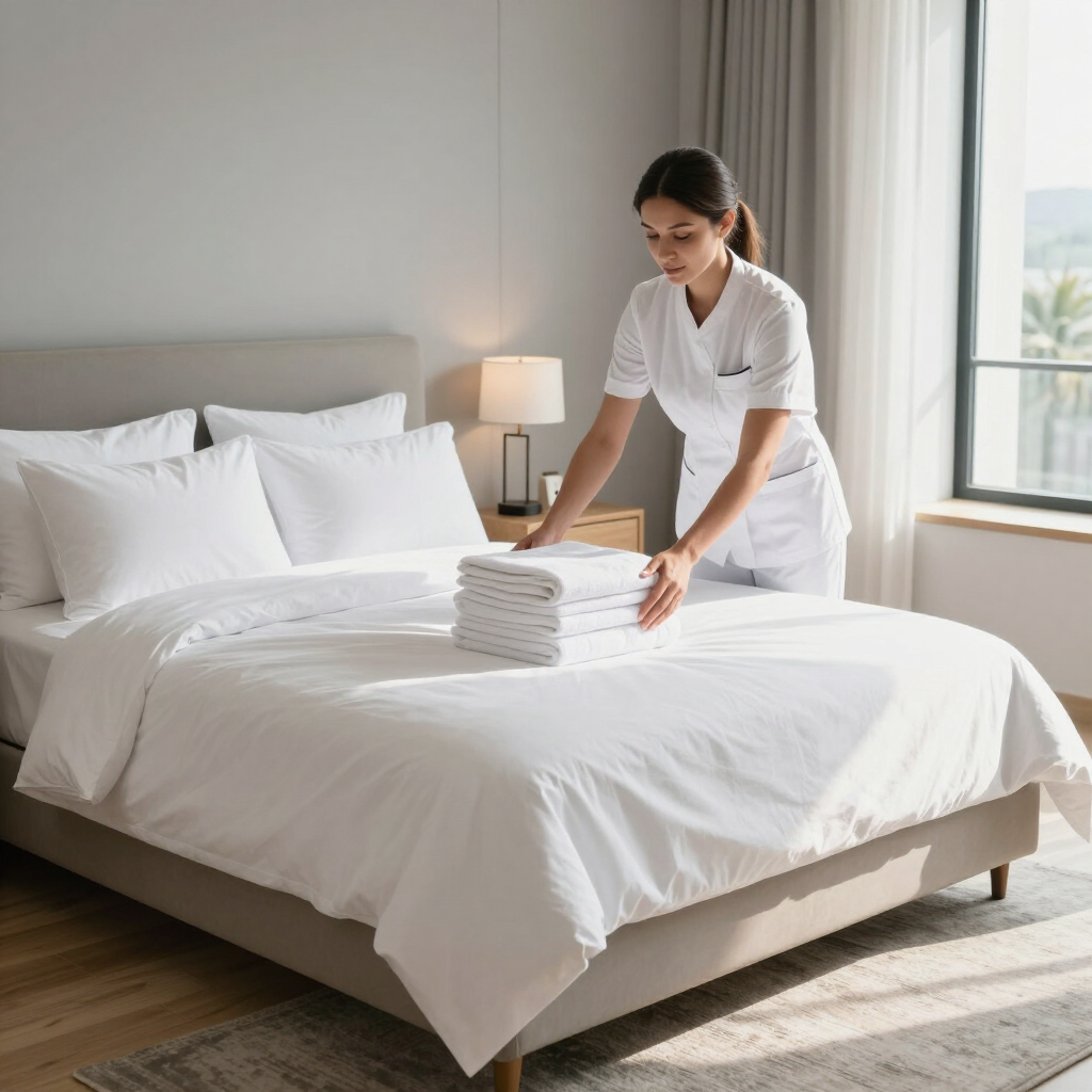 Housekeeper arranging folded towels on a neatly made white bed in a bright hotel room