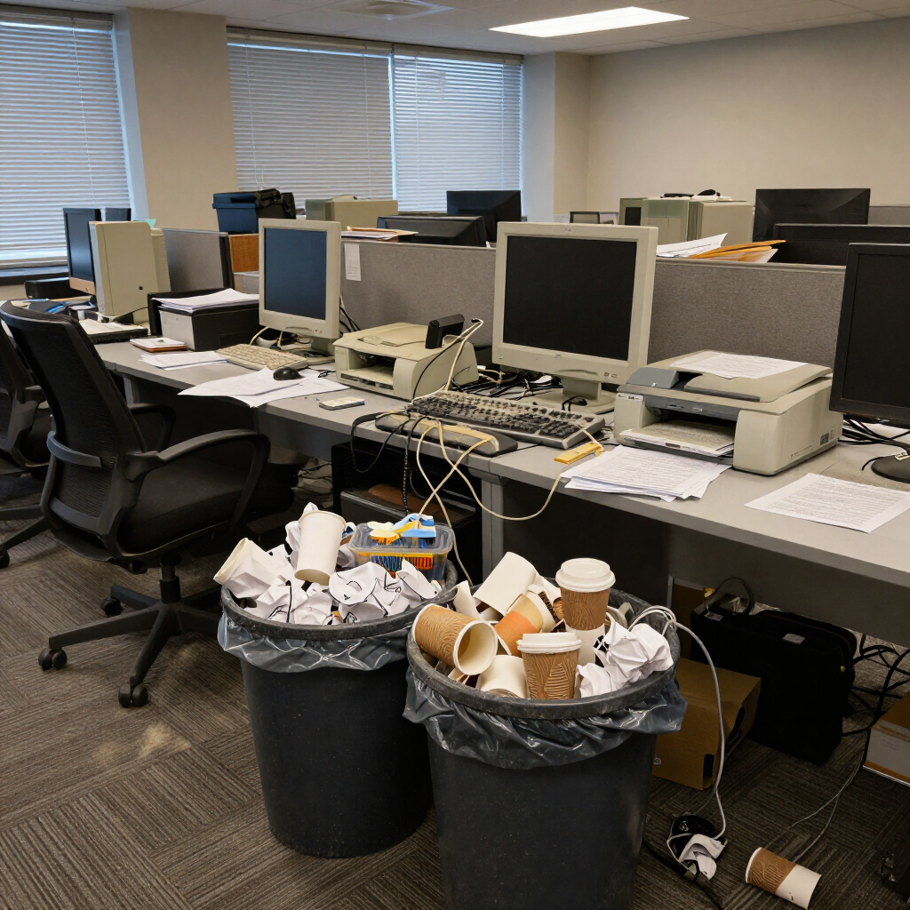 Empty office cubicles with computer monitors and overflowing trash cans at desks