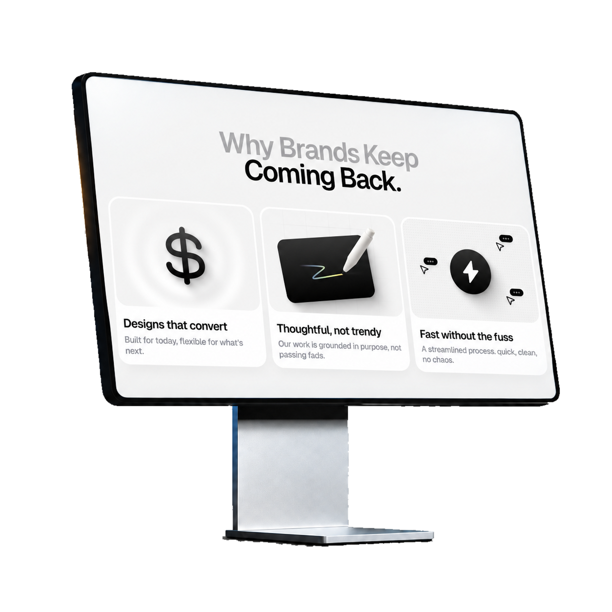 Modern desktop monitor displaying a clean digital brand experience.