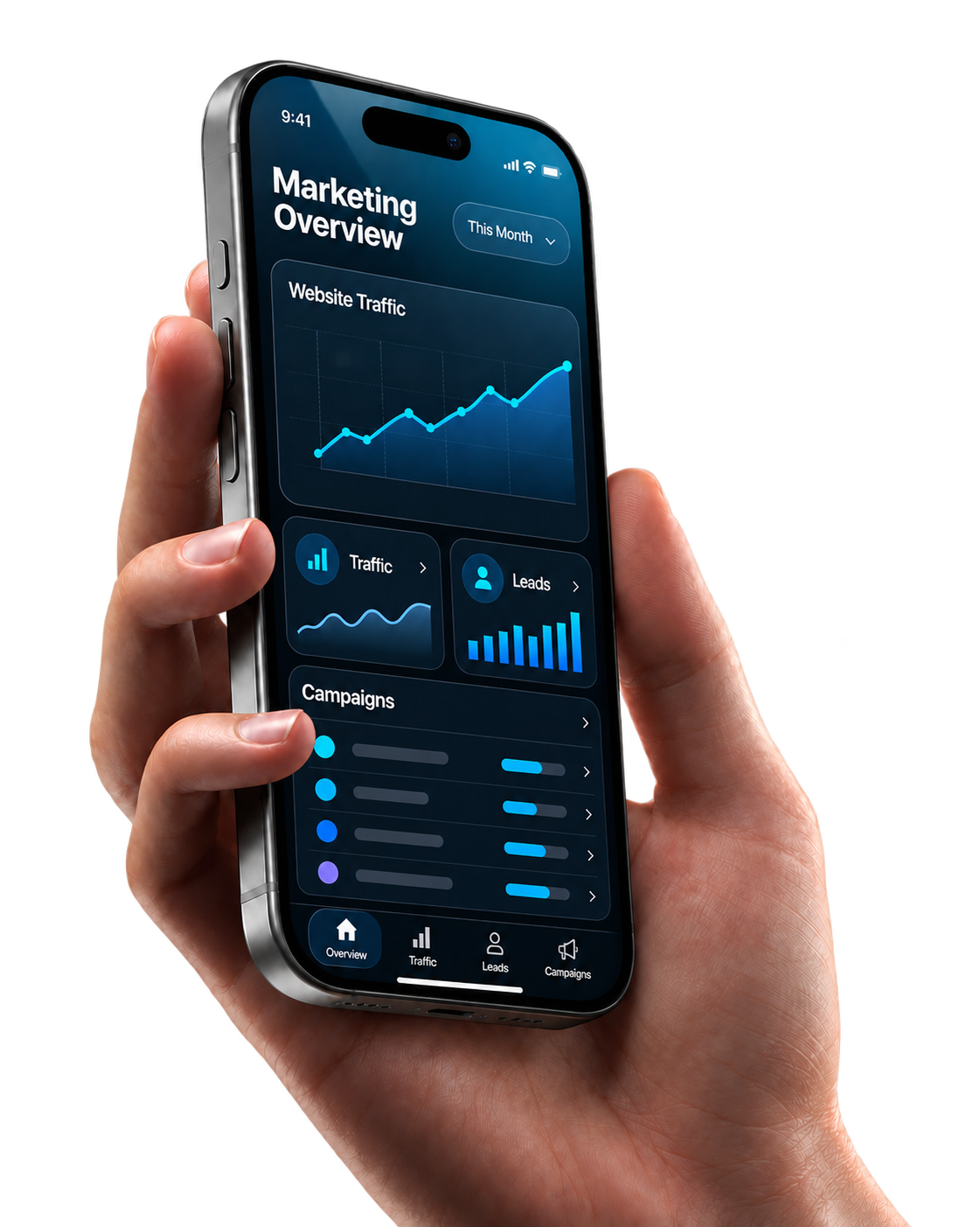 Hand holding a smartphone displaying a marketing overview dashboard with website traffic, leads and campaign progress.