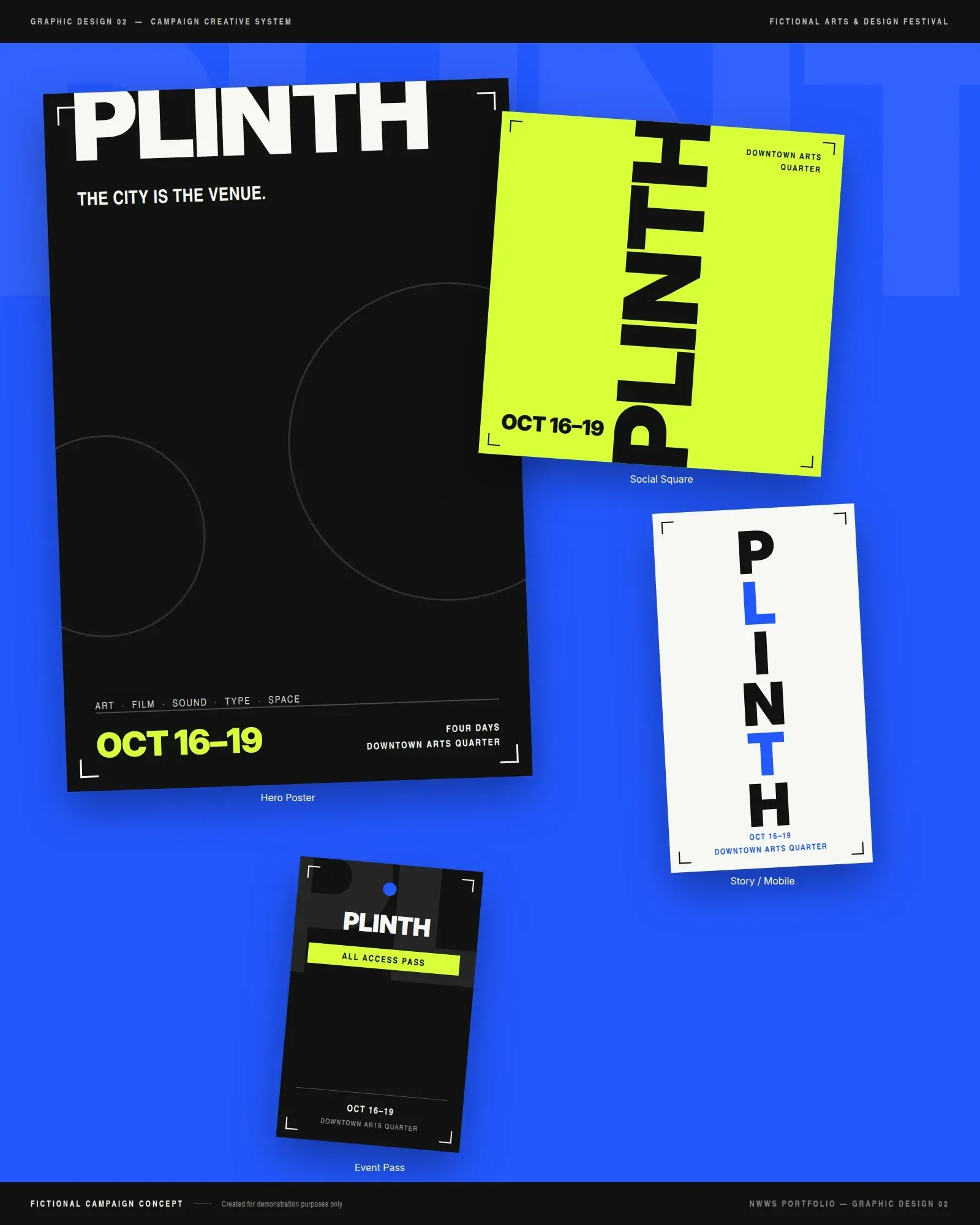 Sample graphic design concept: bold campaign and editorial creative system