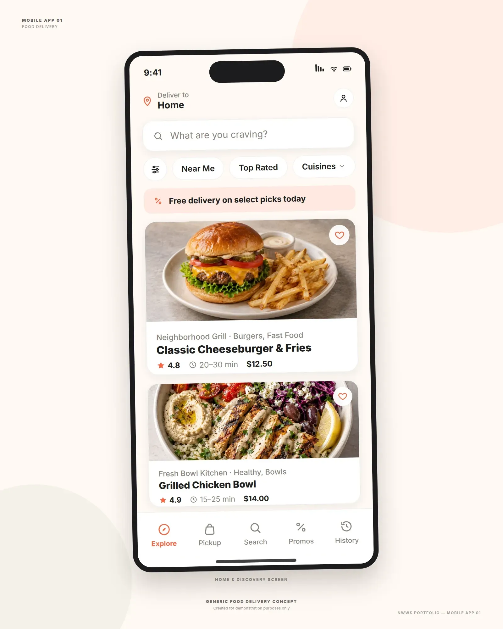 Sample mobile app concept: food delivery home screen shown on a phone