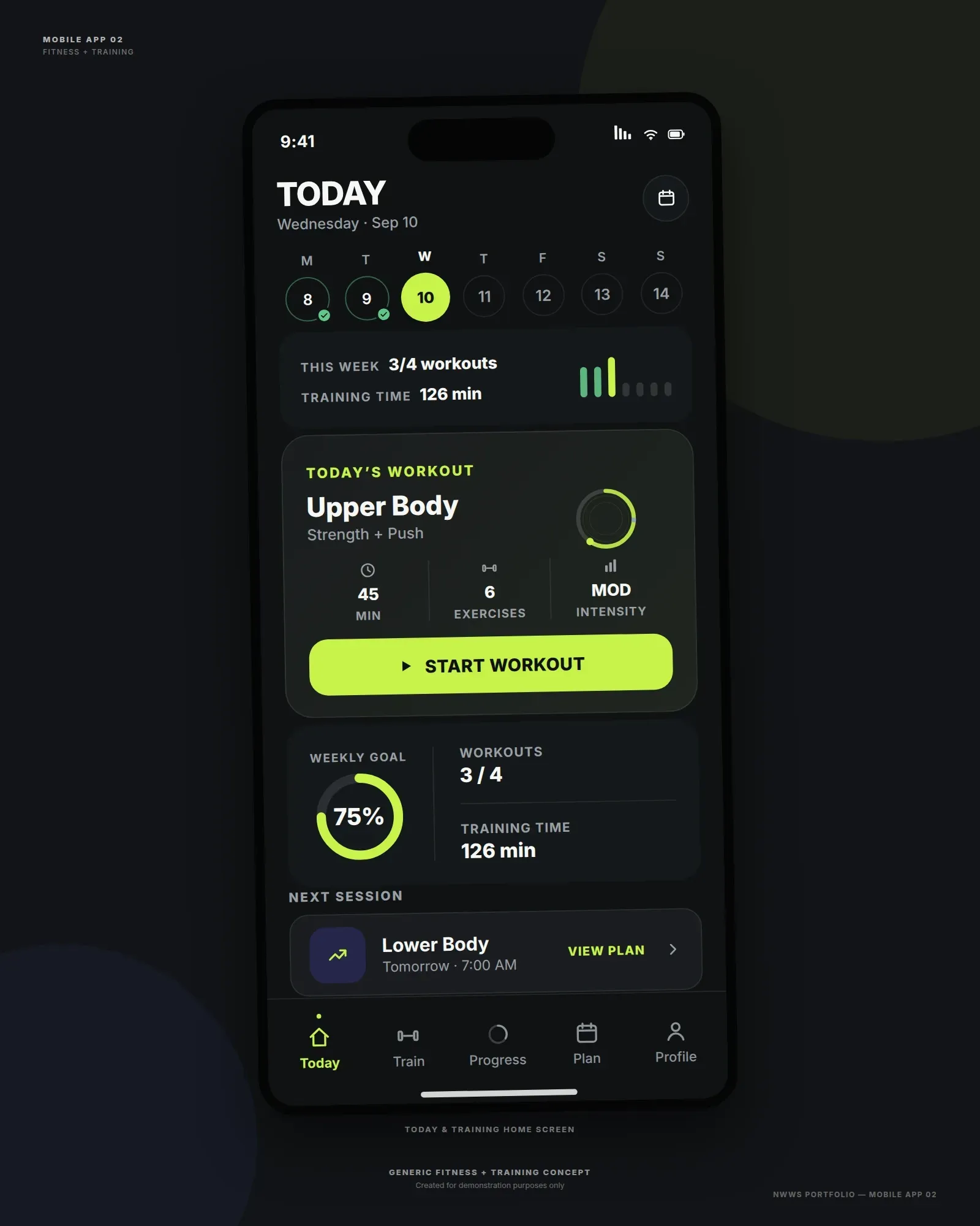 Sample mobile app concept: fitness and training screen shown on a phone