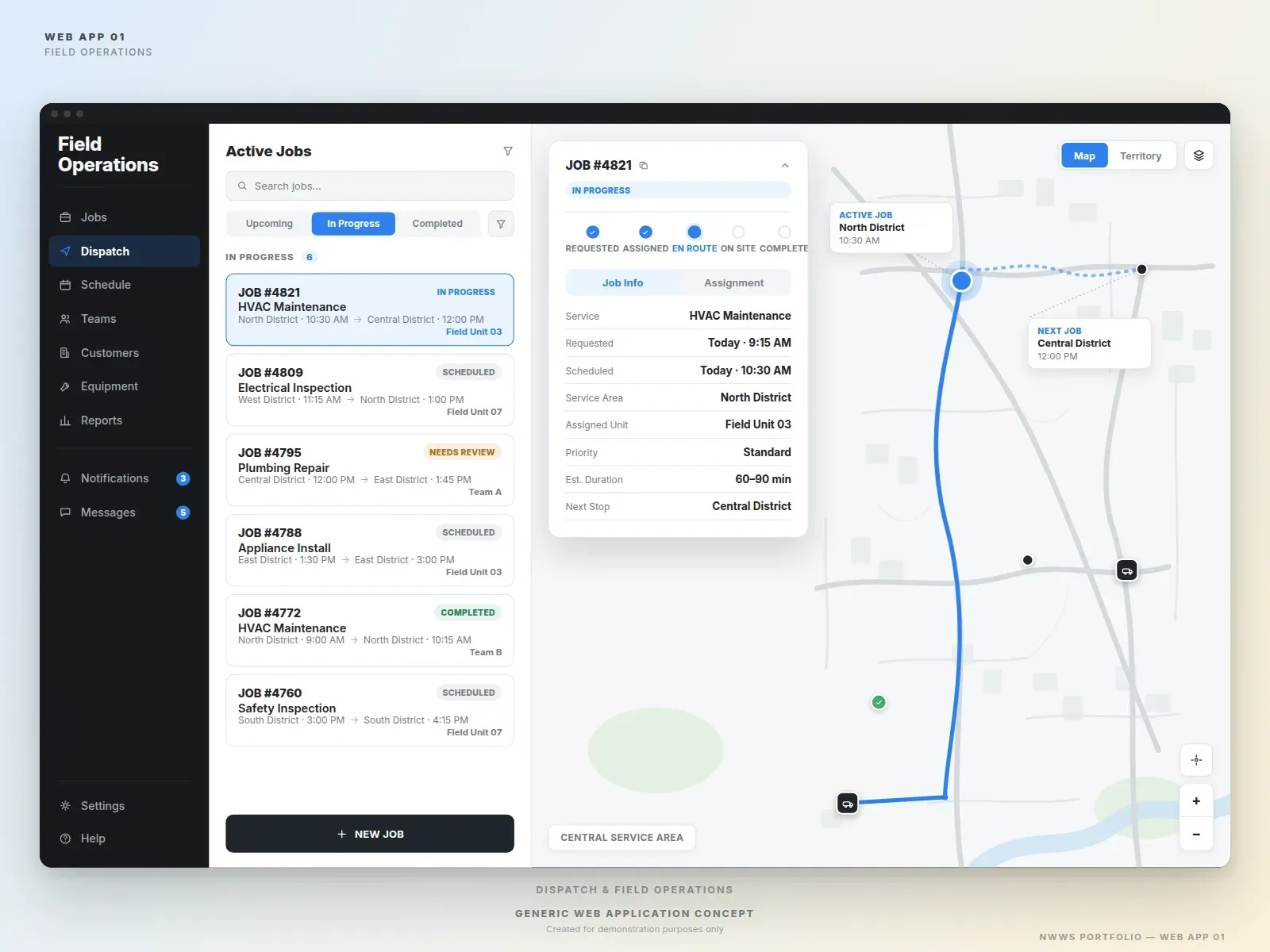 Sample web app concept: field operations dashboard shown in a desktop window
