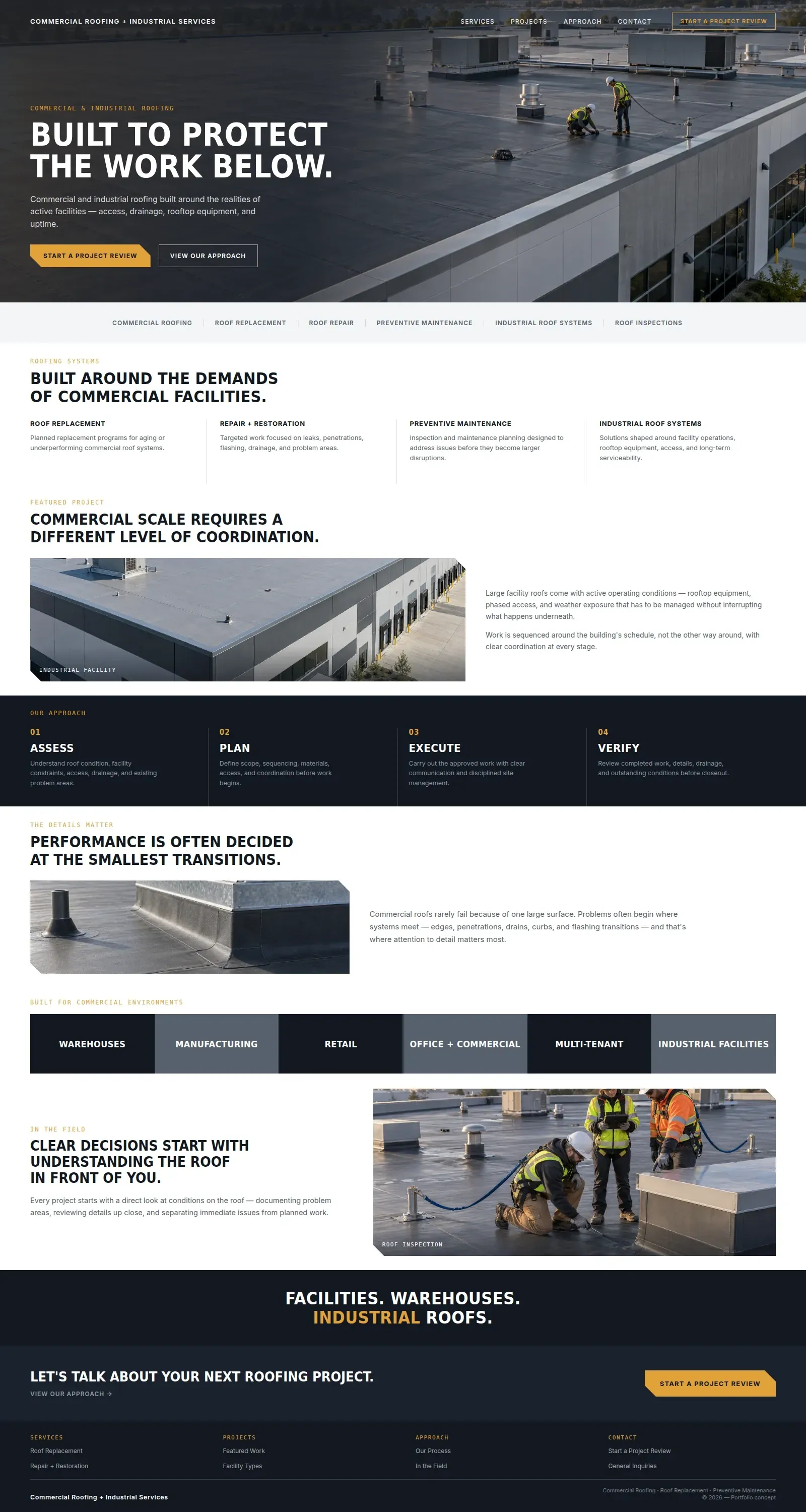 Sample website concept for a commercial roofing and industrial services company: full home page design