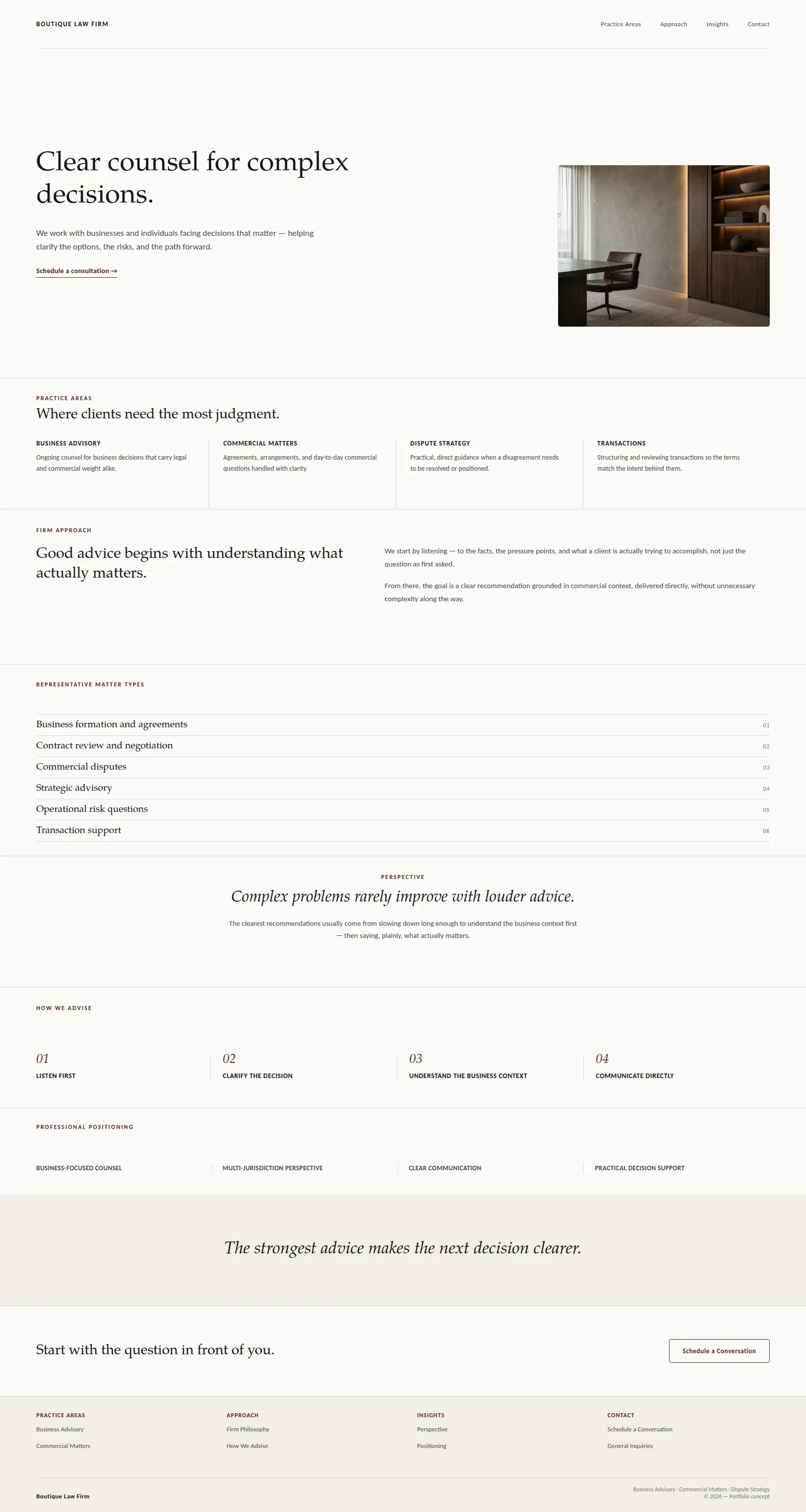 Sample website concept for a boutique law firm: full home page design
