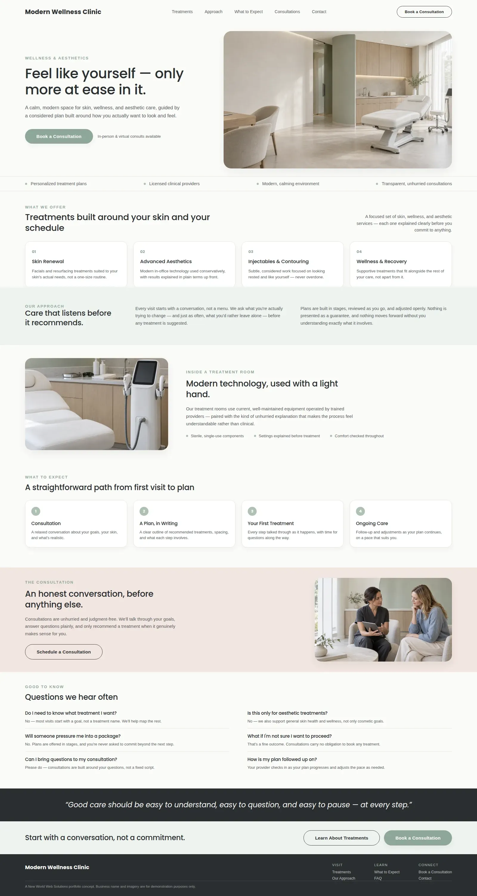 Sample website concept for a wellness and aesthetics clinic: full home page design