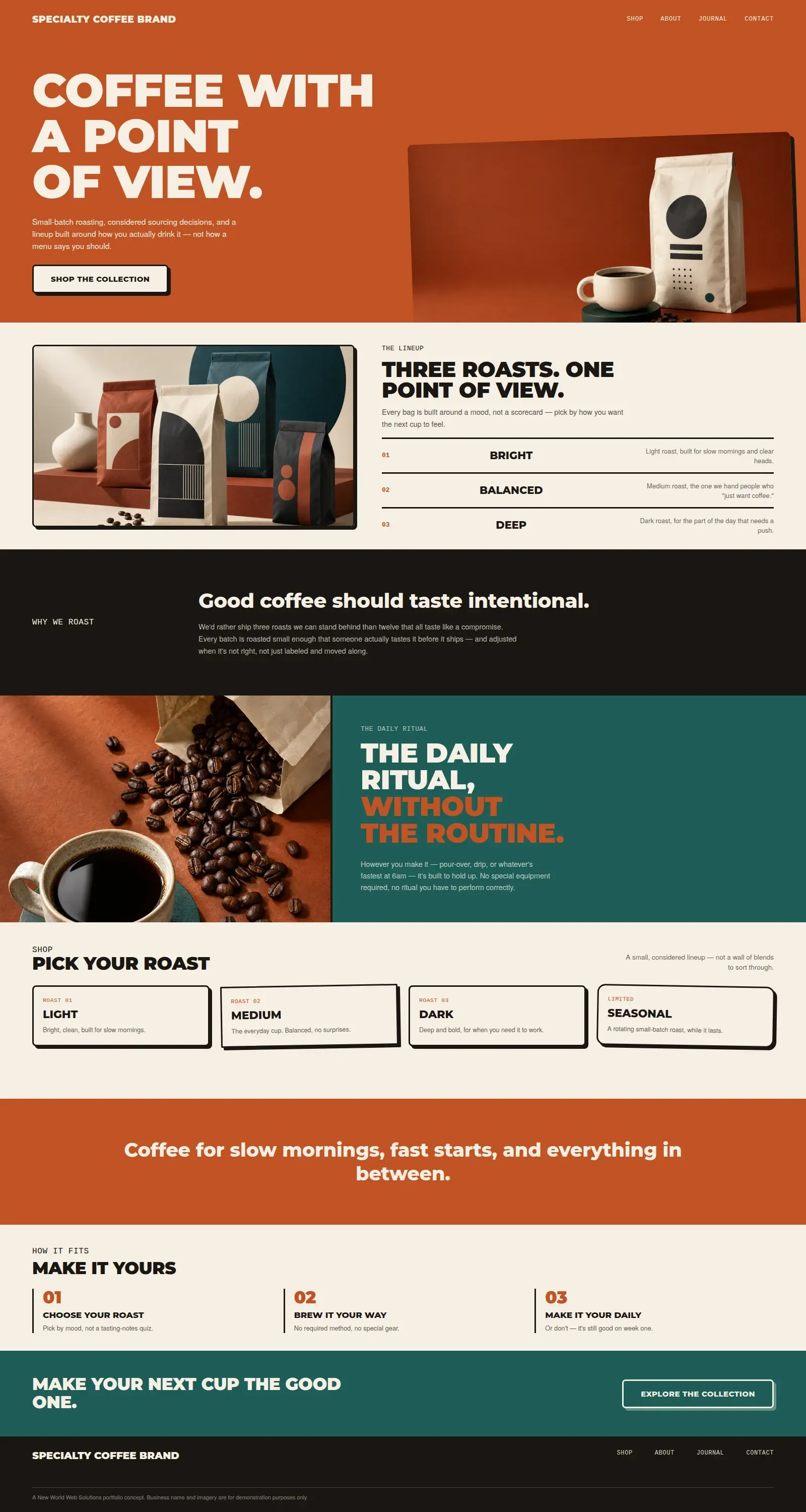 Sample website concept for a specialty coffee brand: full home page design