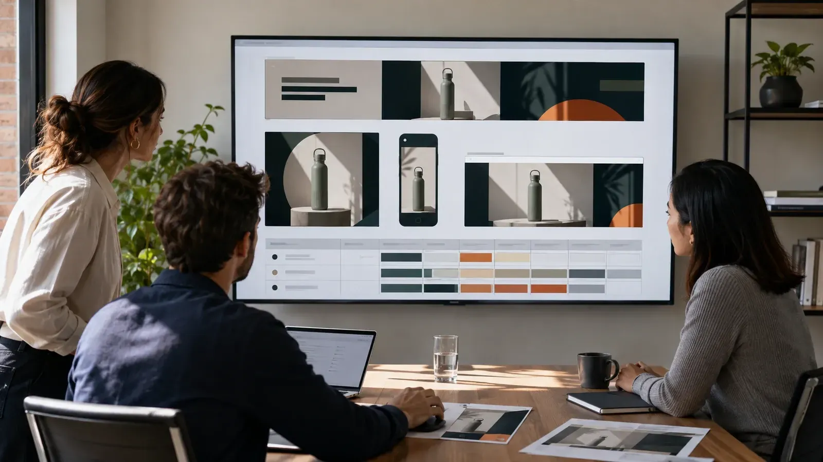 Marketing team reviewing campaign creative on a large display.