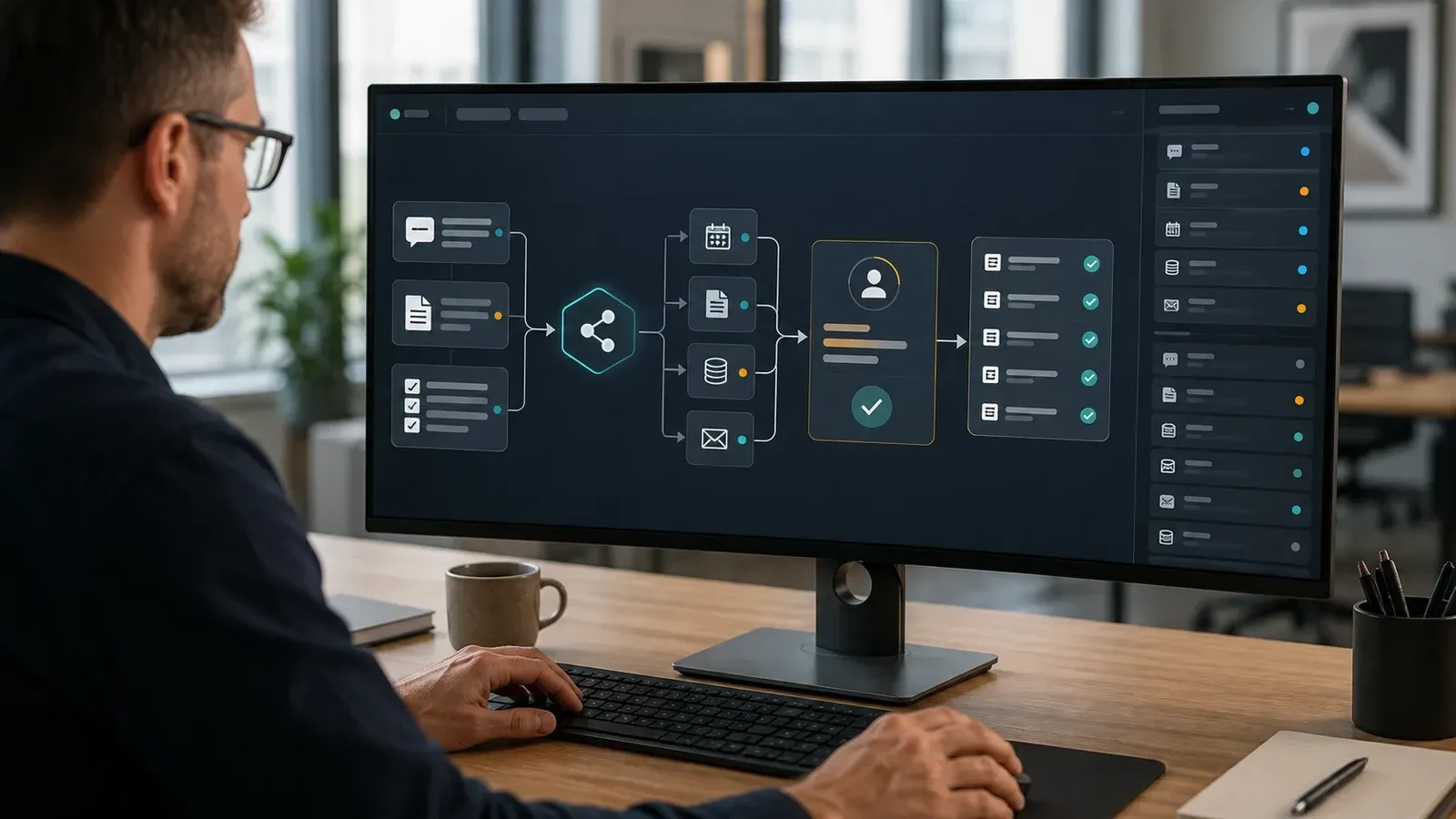 Person at a desk viewing an AI agent workflow diagram and task status panels on a large monitor.
