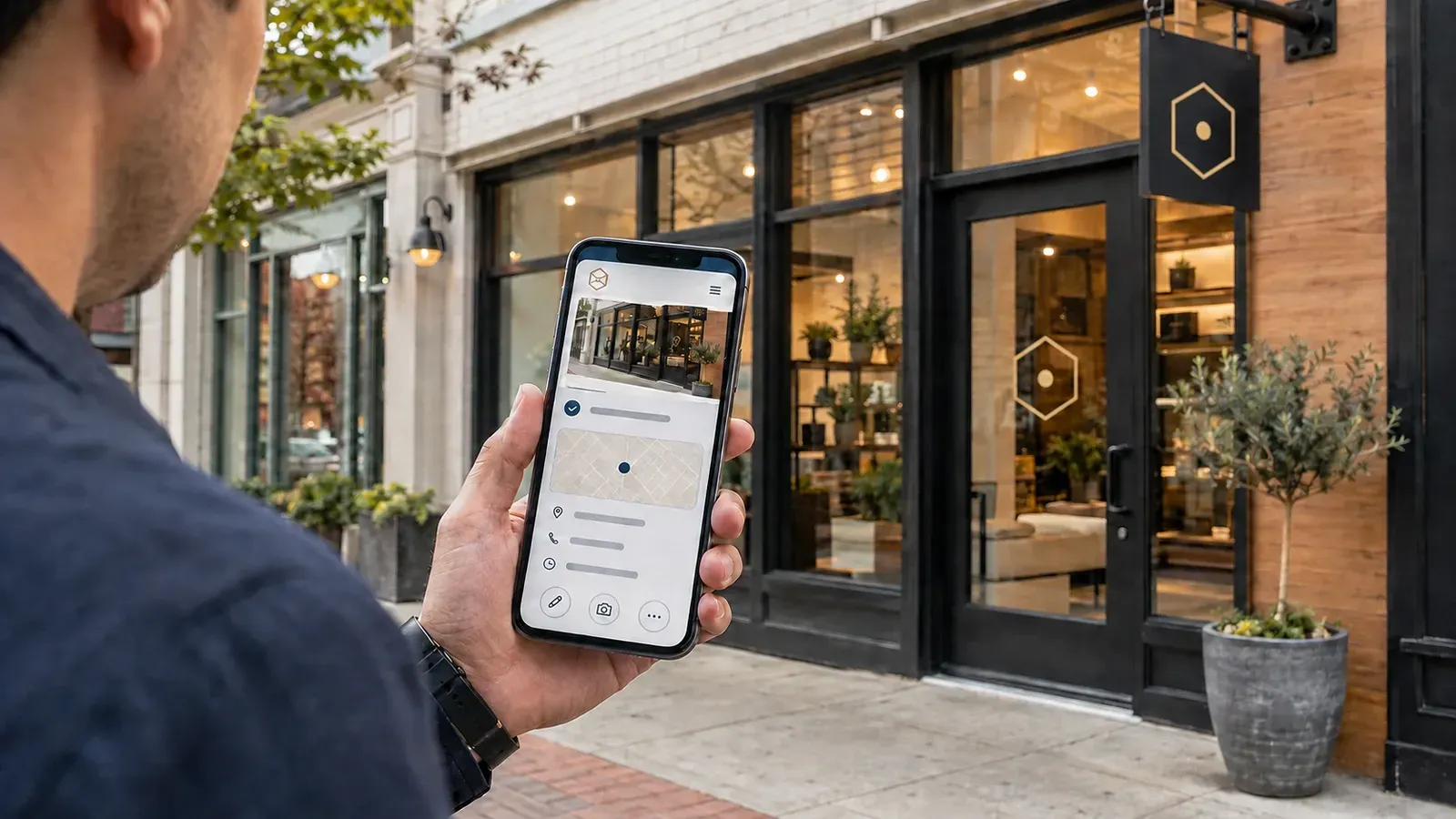 Professional reviewing a local business listing on a smartphone outside a storefront.