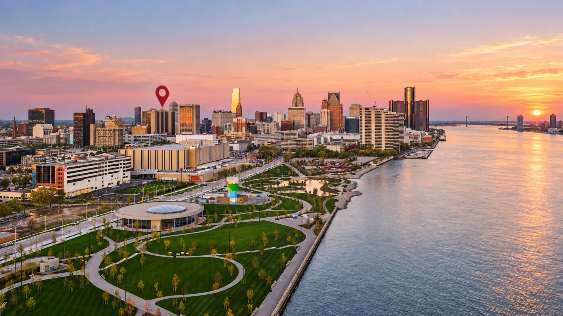 Aerial view of a city skyline at sunset with a location pin marking a business address.