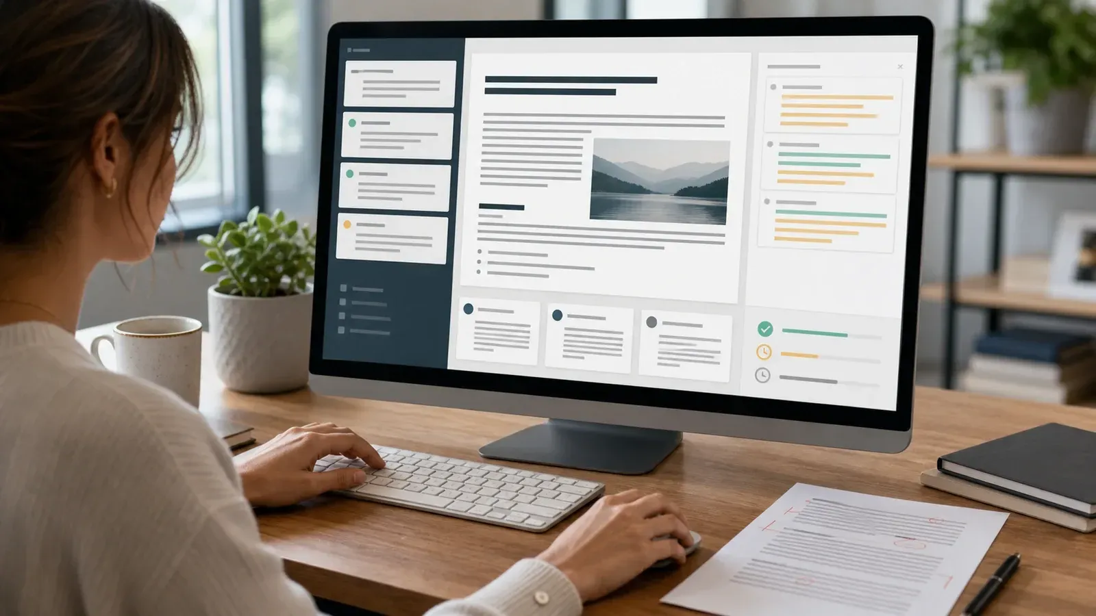 Content editor reviewing an article and editorial workflow on a desktop monitor.